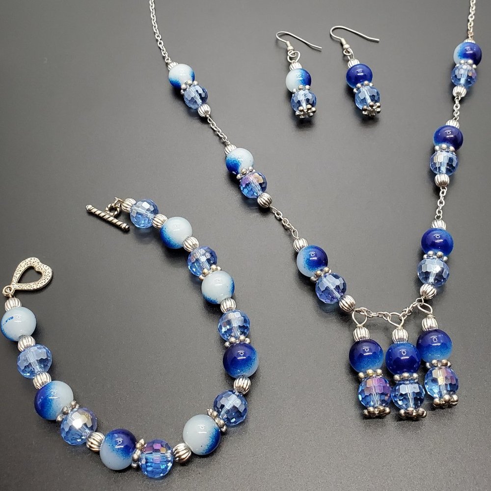 One-of-a-kind, blue glass & silver set